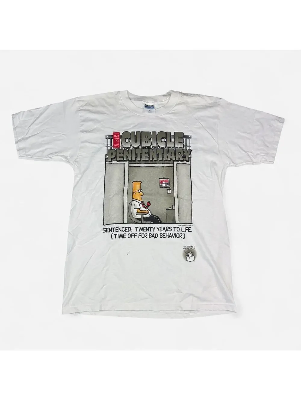 White Dilbert Cubicle Penitentiary double sided graphic tee size L Gildan 2000s